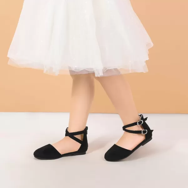 imagePANDANINJIA Girls Dress Shoes Flats Wedding Party School Toddler Little Kids Ankle Strap Ballet Flats SandalsBlack Suede