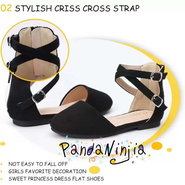 imagePANDANINJIA Girls Dress Shoes Flats Wedding Party School Toddler Little Kids Ankle Strap Ballet Flats SandalsBlack Suede