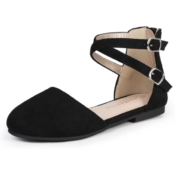imagePANDANINJIA Girls Dress Shoes Flats Wedding Party School Toddler Little Kids Ankle Strap Ballet Flats SandalsBlack Suede