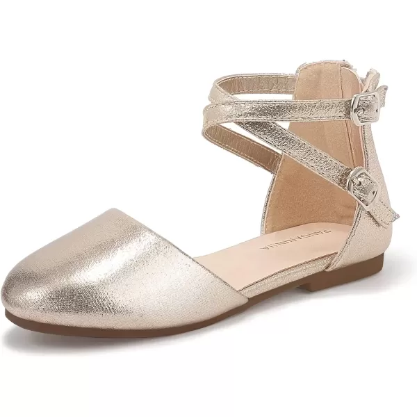 imagePANDANINJIA Girls Dress Shoes Flats Wedding Party School Toddler Little Kids Ankle Strap Ballet Flats SandalsGold