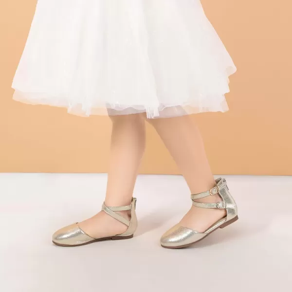 imagePANDANINJIA Girls Dress Shoes Flats Wedding Party School Toddler Little Kids Ankle Strap Ballet Flats SandalsGold