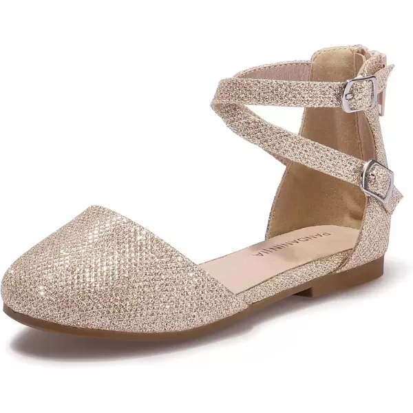 imagePANDANINJIA Girls Dress Shoes Flats Wedding Party School Toddler Little Kids Ankle Strap Ballet Flats SandalsGold Glitter