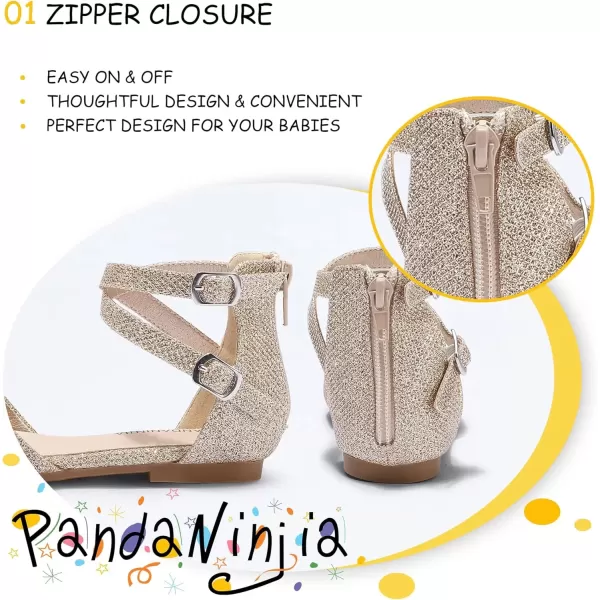 imagePANDANINJIA Girls Dress Shoes Flats Wedding Party School Toddler Little Kids Ankle Strap Ballet Flats SandalsGold Glitter