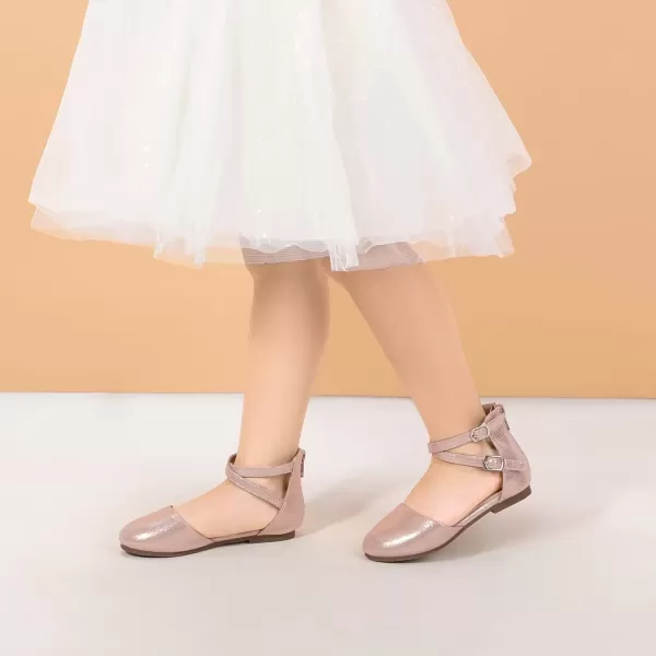 imagePANDANINJIA Girls Dress Shoes Flats Wedding Party School Toddler Little Kids Ankle Strap Ballet Flats SandalsRose Gold