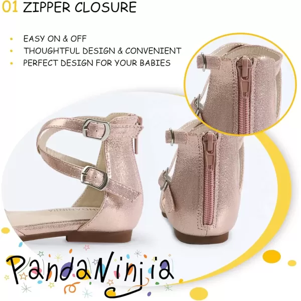 imagePANDANINJIA Girls Dress Shoes Flats Wedding Party School Toddler Little Kids Ankle Strap Ballet Flats SandalsRose Gold