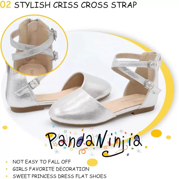 imagePANDANINJIA Girls Dress Shoes Flats Wedding Party School Toddler Little Kids Ankle Strap Ballet Flats SandalsSilver