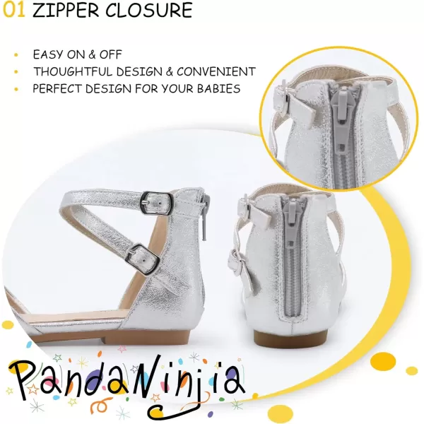 imagePANDANINJIA Girls Dress Shoes Flats Wedding Party School Toddler Little Kids Ankle Strap Ballet Flats SandalsSilver