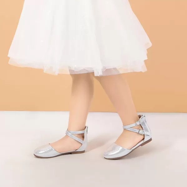 imagePANDANINJIA Girls Dress Shoes Flats Wedding Party School Toddler Little Kids Ankle Strap Ballet Flats SandalsSilver