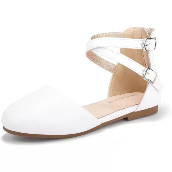 imagePANDANINJIA Girls Dress Shoes Flats Wedding Party School Toddler Little Kids Ankle Strap Ballet Flats SandalsWhite Pu