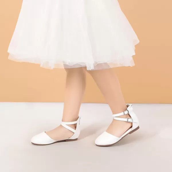 imagePANDANINJIA Girls Dress Shoes Flats Wedding Party School Toddler Little Kids Ankle Strap Ballet Flats SandalsWhite Pu