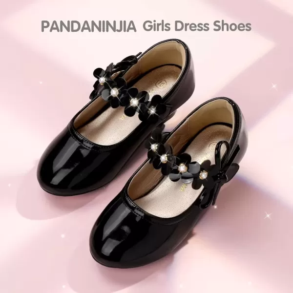 imagePANDANINJIA Girls Dress Shoes Mary Jane Heels Flower Wedding Party Back to School Pump Shoes for Toddler Little KidDoris Black Patent