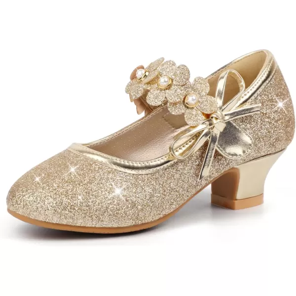imagePANDANINJIA Girls Dress Shoes Mary Jane Heels Flower Wedding Party Back to School Pump Shoes for Toddler Little KidDoris Gold Glitter