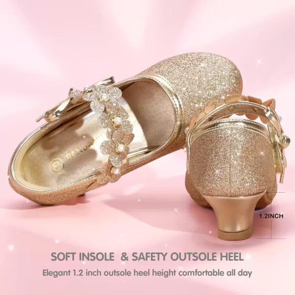 imagePANDANINJIA Girls Dress Shoes Mary Jane Heels Flower Wedding Party Back to School Pump Shoes for Toddler Little KidDoris Gold Glitter
