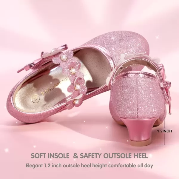 imagePANDANINJIA Girls Dress Shoes Mary Jane Heels Flower Wedding Party Back to School Pump Shoes for Toddler Little KidDoris Pink Glitter