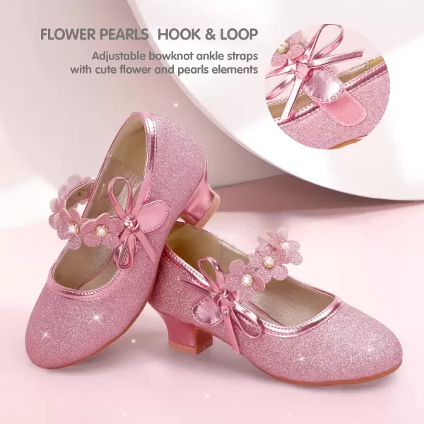imagePANDANINJIA Girls Dress Shoes Mary Jane Heels Flower Wedding Party Back to School Pump Shoes for Toddler Little KidDoris Pink Glitter