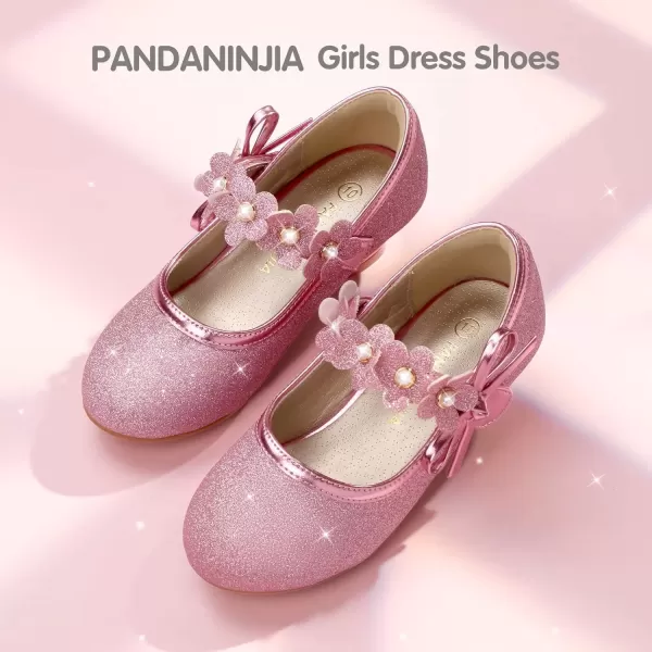imagePANDANINJIA Girls Dress Shoes Mary Jane Heels Flower Wedding Party Back to School Pump Shoes for Toddler Little KidDoris Pink Glitter