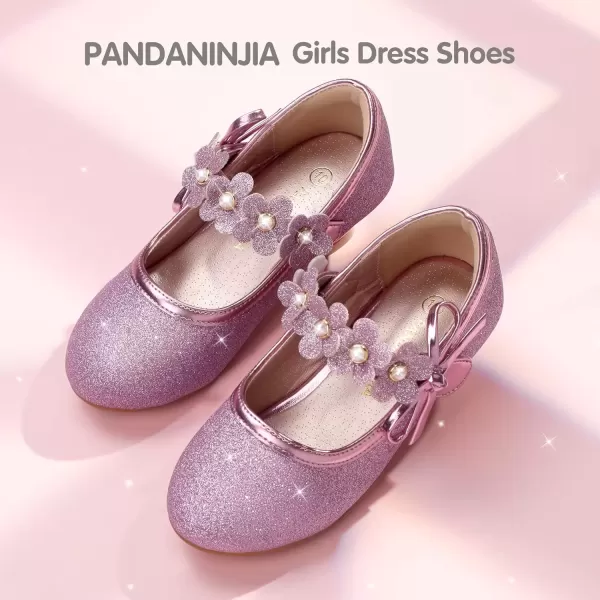 imagePANDANINJIA Girls Dress Shoes Mary Jane Heels Flower Wedding Party Back to School Pump Shoes for Toddler Little KidDoris Purple Glitter