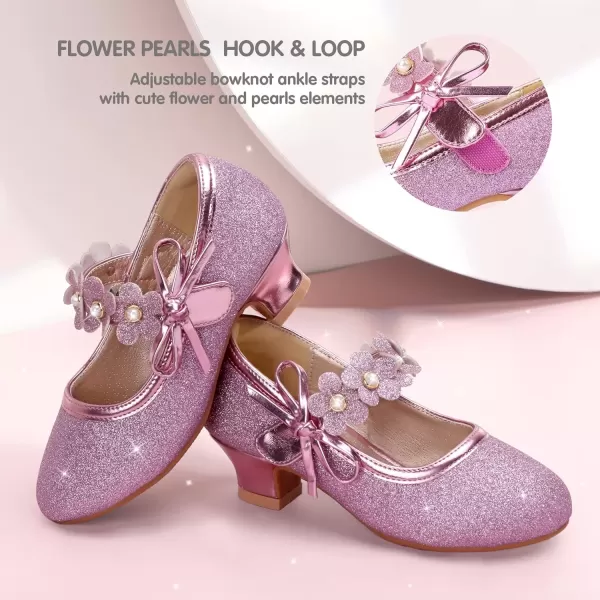 imagePANDANINJIA Girls Dress Shoes Mary Jane Heels Flower Wedding Party Back to School Pump Shoes for Toddler Little KidDoris Purple Glitter