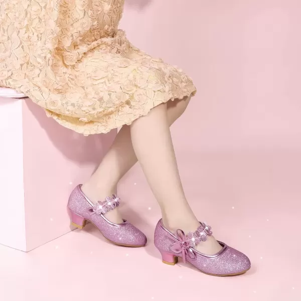 imagePANDANINJIA Girls Dress Shoes Mary Jane Heels Flower Wedding Party Back to School Pump Shoes for Toddler Little KidDoris Purple Glitter