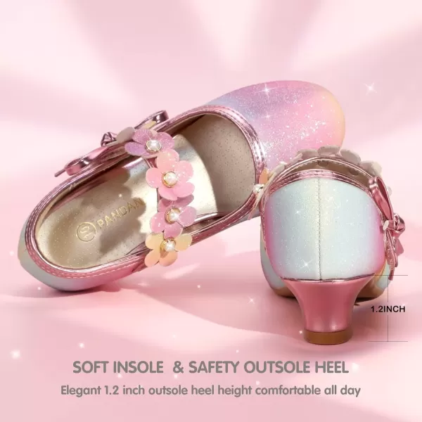 imagePANDANINJIA Girls Dress Shoes Mary Jane Heels Flower Wedding Party Back to School Pump Shoes for Toddler Little KidDoris Rainbow Glitter
