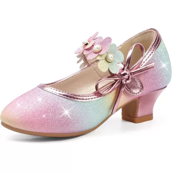 imagePANDANINJIA Girls Dress Shoes Mary Jane Heels Flower Wedding Party Back to School Pump Shoes for Toddler Little KidDoris Rainbow Glitter