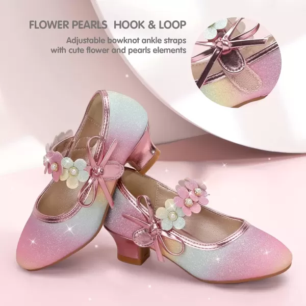 imagePANDANINJIA Girls Dress Shoes Mary Jane Heels Flower Wedding Party Back to School Pump Shoes for Toddler Little KidDoris Rainbow Glitter