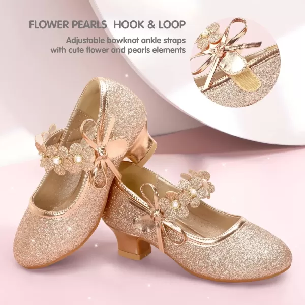 imagePANDANINJIA Girls Dress Shoes Mary Jane Heels Flower Wedding Party Back to School Pump Shoes for Toddler Little KidDoris Rose Gold Glitter