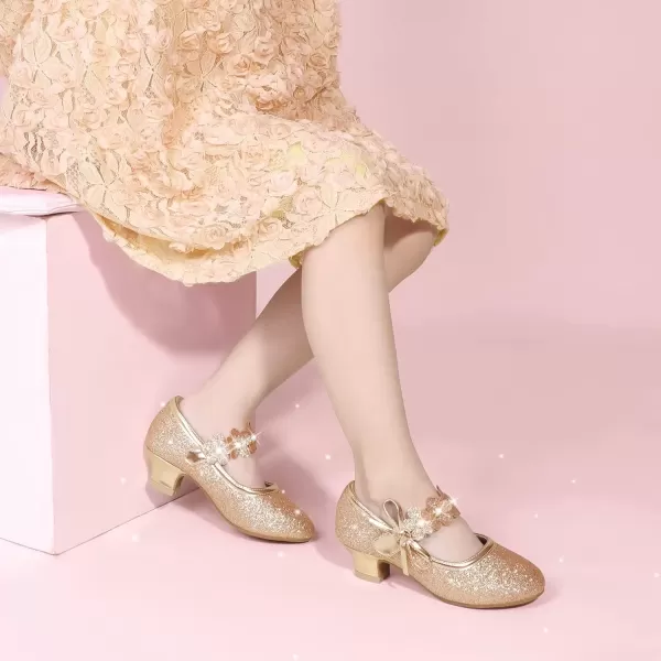 imagePANDANINJIA Girls Dress Shoes Mary Jane Heels Flower Wedding Party Back to School Pump Shoes for Toddler Little KidDoris Rose Gold Glitter