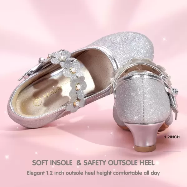 imagePANDANINJIA Girls Dress Shoes Mary Jane Heels Flower Wedding Party Back to School Pump Shoes for Toddler Little KidDoris Silver Glitter