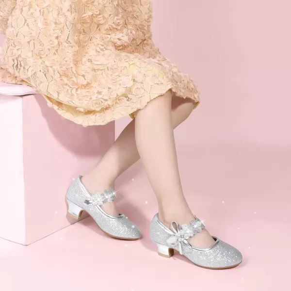 imagePANDANINJIA Girls Dress Shoes Mary Jane Heels Flower Wedding Party Back to School Pump Shoes for Toddler Little KidDoris Silver Glitter