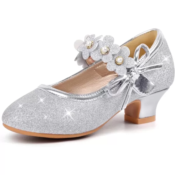 imagePANDANINJIA Girls Dress Shoes Mary Jane Heels Flower Wedding Party Back to School Pump Shoes for Toddler Little KidDoris Silver Glitter