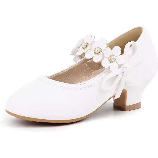 imagePANDANINJIA Girls Dress Shoes Mary Jane Heels Flower Wedding Party Back to School Pump Shoes for Toddler Little KidDoris White Pu