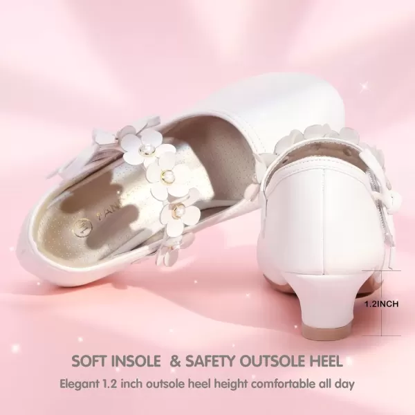 imagePANDANINJIA Girls Dress Shoes Mary Jane Heels Flower Wedding Party Back to School Pump Shoes for Toddler Little KidDoris White Pu