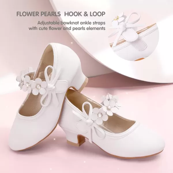 imagePANDANINJIA Girls Dress Shoes Mary Jane Heels Flower Wedding Party Back to School Pump Shoes for Toddler Little KidDoris White Pu