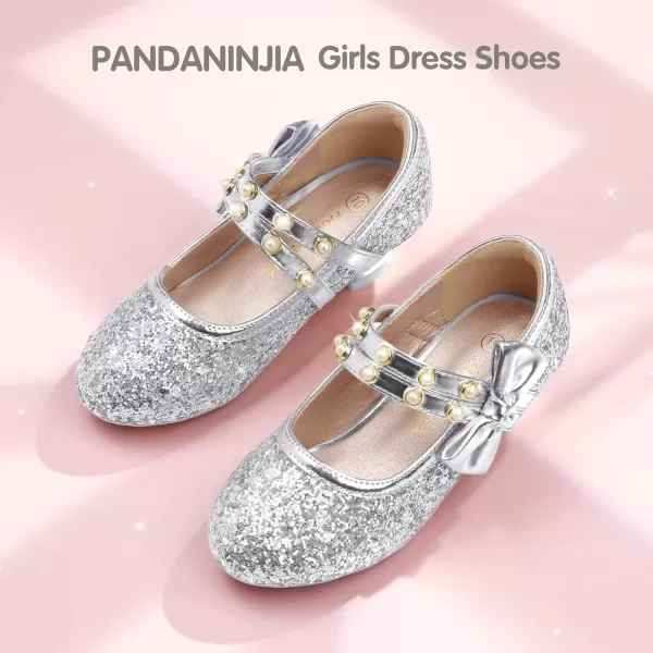 imagePANDANINJIA Girls Dress Shoes Mary Jane Heels Flower Wedding Party Back to School Pump Shoes for Toddler Little KidWx Silver Sequin