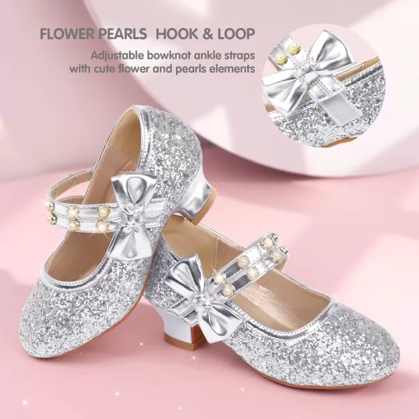 imagePANDANINJIA Girls Dress Shoes Mary Jane Heels Flower Wedding Party Back to School Pump Shoes for Toddler Little KidWx Silver Sequin