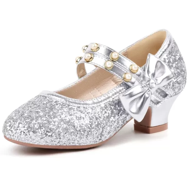 imagePANDANINJIA Girls Dress Shoes Mary Jane Heels Flower Wedding Party Back to School Pump Shoes for Toddler Little KidWx Silver Sequin