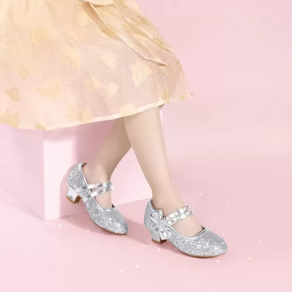 imagePANDANINJIA Girls Dress Shoes Mary Jane Heels Flower Wedding Party Back to School Pump Shoes for Toddler Little KidWx Silver Sequin