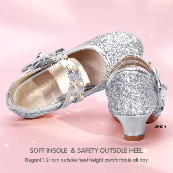 imagePANDANINJIA Girls Dress Shoes Mary Jane Heels Flower Wedding Party Back to School Pump Shoes for Toddler Little KidWx Silver Sequin
