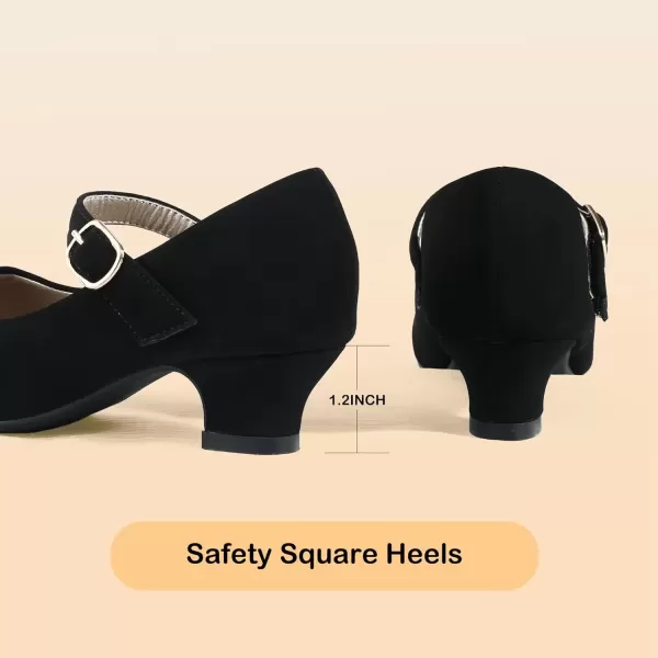 imagePANDANINJIA Girls Dress Shoes Mary Jane Shoes for Girls Low Girls Heels for Kids Toddler Flower Girl Wedding Party SchoolM Black Nubuck