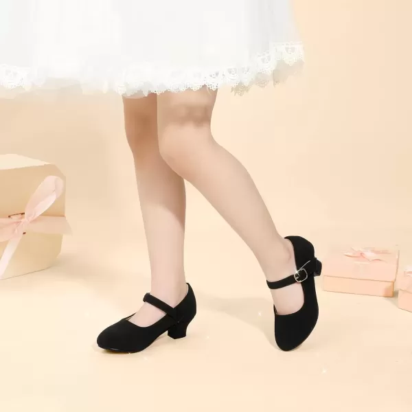 imagePANDANINJIA Girls Dress Shoes Mary Jane Shoes for Girls Low Girls Heels for Kids Toddler Flower Girl Wedding Party SchoolM Black Nubuck