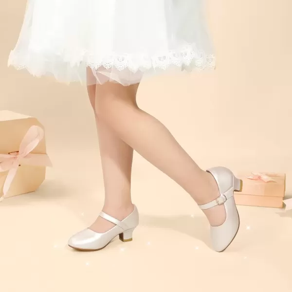 imagePANDANINJIA Girls Dress Shoes Mary Jane Shoes for Girls Low Girls Heels for Kids Toddler Flower Girl Wedding Party SchoolM Champagne Pu