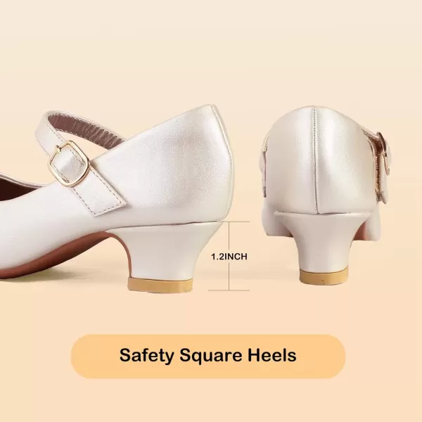 imagePANDANINJIA Girls Dress Shoes Mary Jane Shoes for Girls Low Girls Heels for Kids Toddler Flower Girl Wedding Party SchoolM Champagne Pu