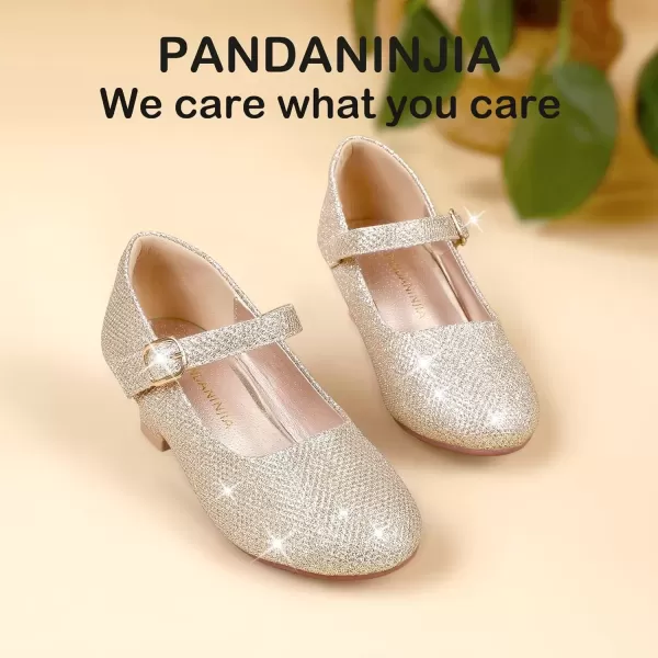 imagePANDANINJIA Girls Dress Shoes Mary Jane Shoes for Girls Low Girls Heels for Kids Toddler Flower Girl Wedding Party SchoolM Gold Glitter