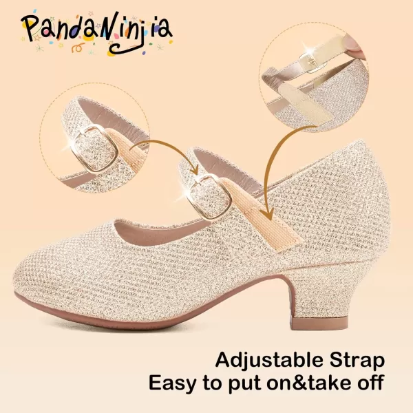 imagePANDANINJIA Girls Dress Shoes Mary Jane Shoes for Girls Low Girls Heels for Kids Toddler Flower Girl Wedding Party SchoolM Gold Glitter