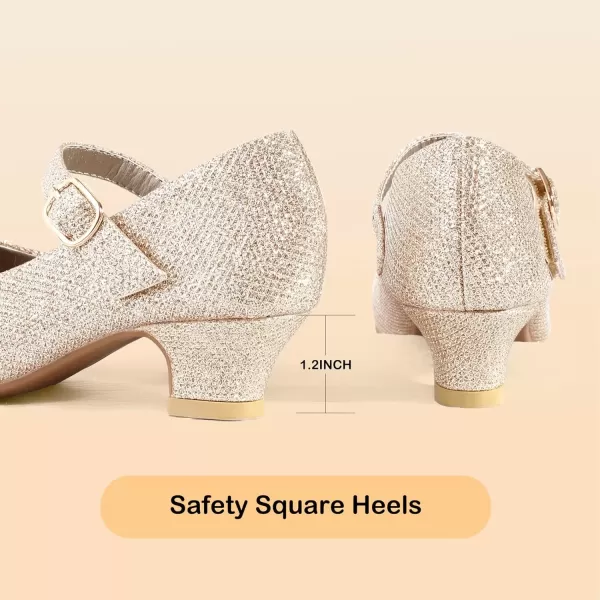 imagePANDANINJIA Girls Dress Shoes Mary Jane Shoes for Girls Low Girls Heels for Kids Toddler Flower Girl Wedding Party SchoolM Gold Glitter