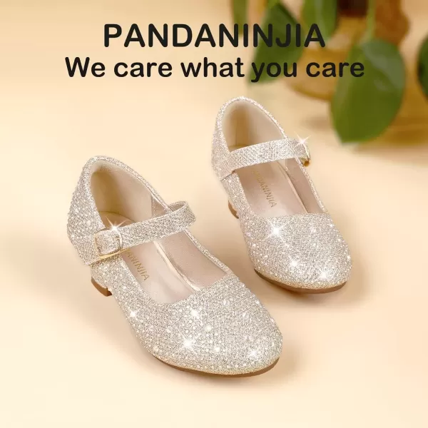 imagePANDANINJIA Girls Dress Shoes Mary Jane Shoes for Girls Low Girls Heels for Kids Toddler Flower Girl Wedding Party SchoolM Gold Rhinestone