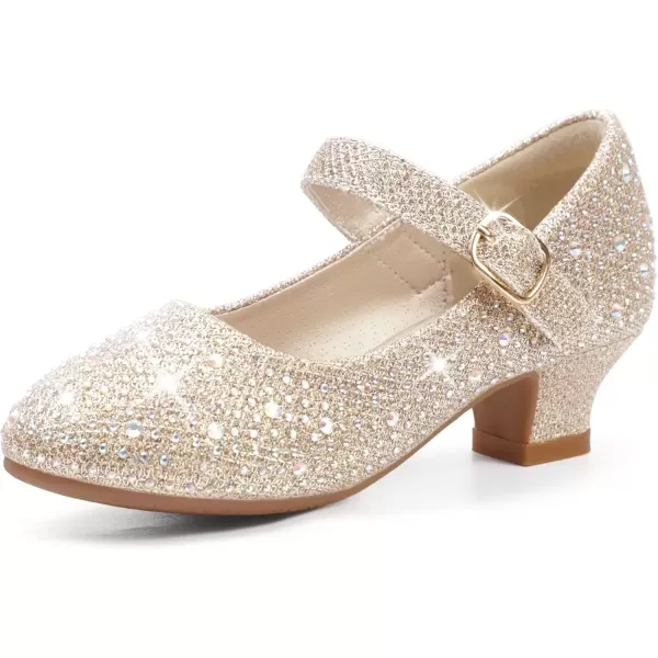 imagePANDANINJIA Girls Dress Shoes Mary Jane Shoes for Girls Low Girls Heels for Kids Toddler Flower Girl Wedding Party SchoolM Gold Rhinestone