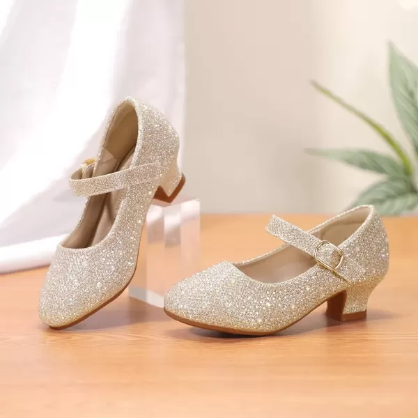 imagePANDANINJIA Girls Dress Shoes Mary Jane Shoes for Girls Low Girls Heels for Kids Toddler Flower Girl Wedding Party SchoolM Gold Rhinestone