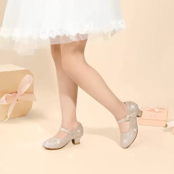 imagePANDANINJIA Girls Dress Shoes Mary Jane Shoes for Girls Low Girls Heels for Kids Toddler Flower Girl Wedding Party SchoolM Gold Rhinestone